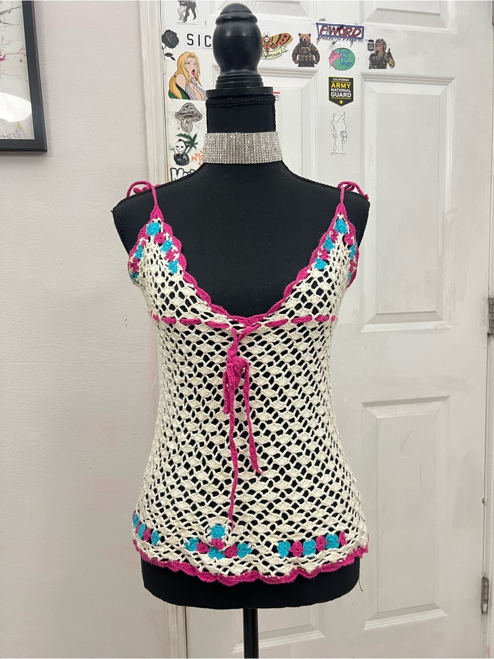 Vintage Crochet Tank Top — Cream with Pink & Teal Accents (Extra Small)